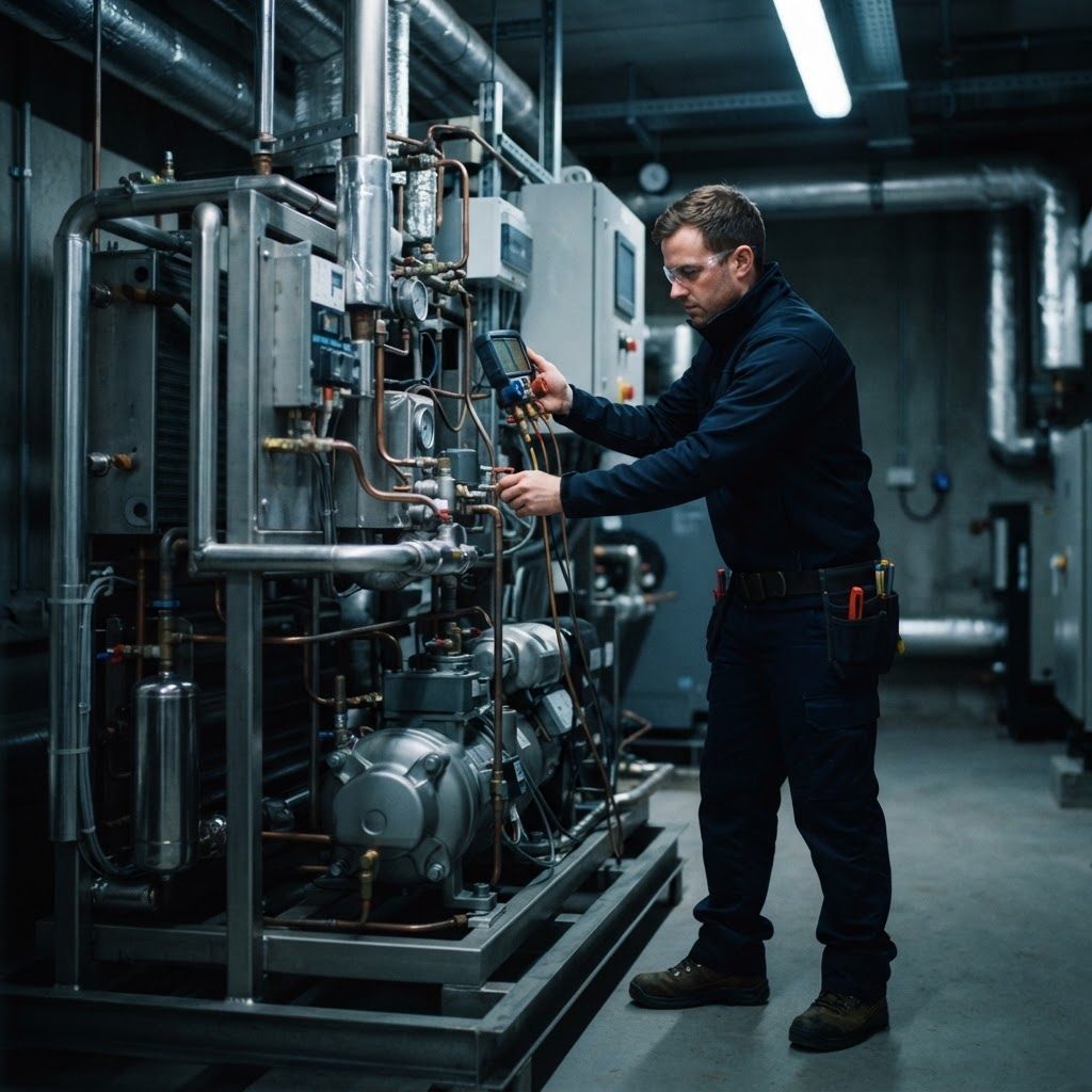 Commercial refrigeration engineer servicing a refrigeration plant